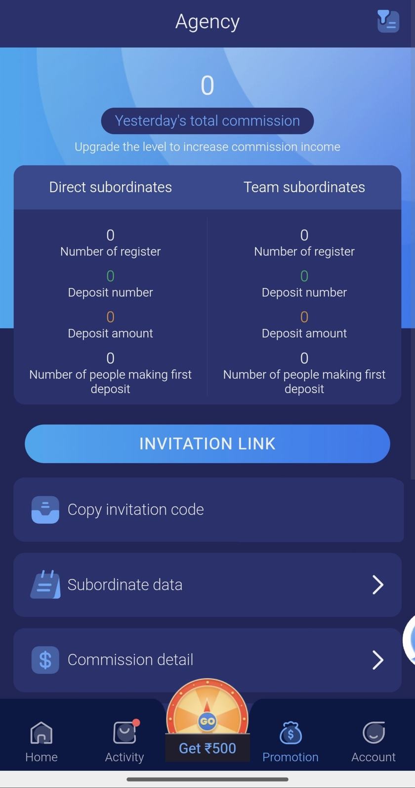 Agency screen with commission counters. The invitation code is covered.