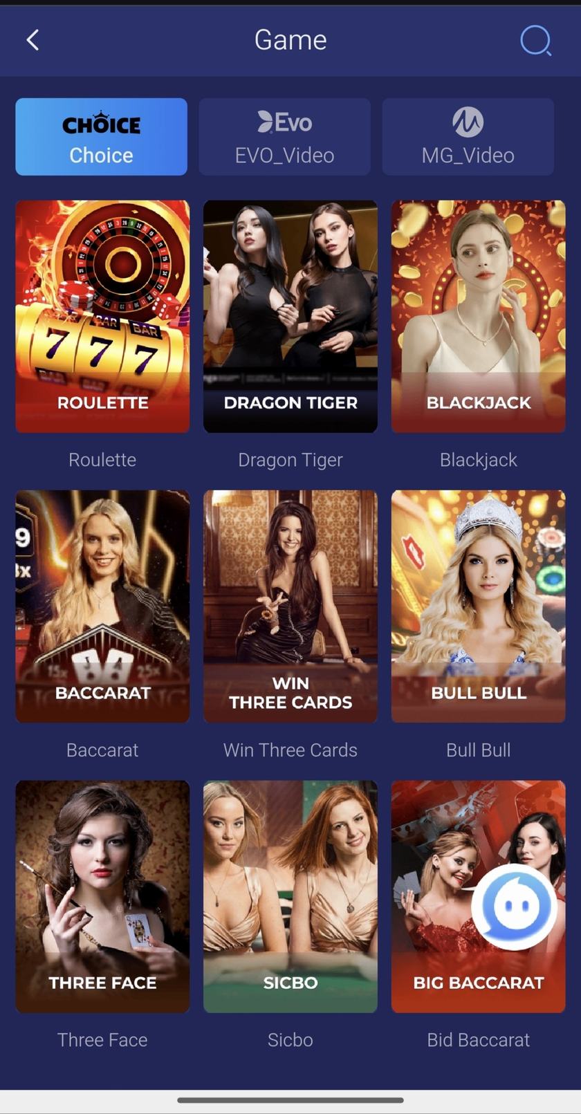 Casino grid under a Choice tab, with roulette, dragon tiger, blackjack, and baccarat tiles.