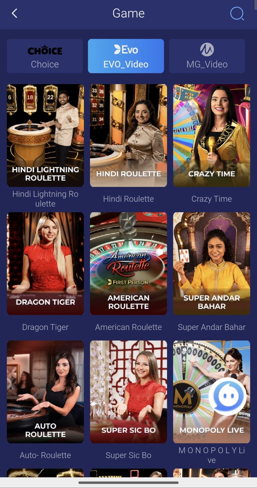 Casino grid under an Evo tab, including roulette and card-game tiles.