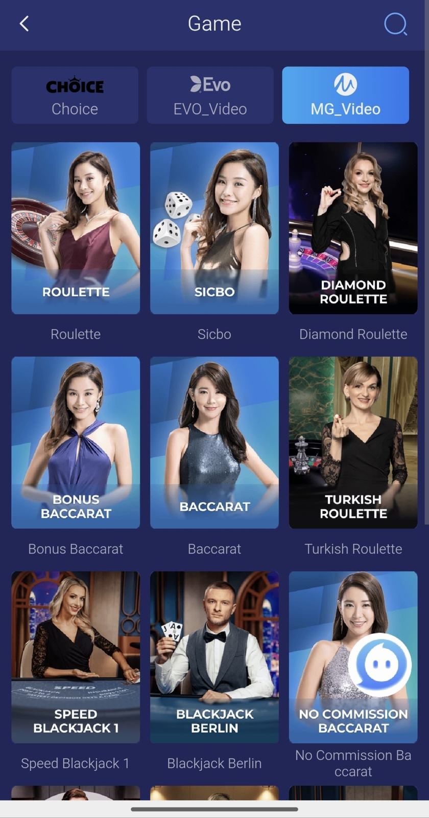 Casino grid under an MG tab, with roulette, sicbo, and baccarat tiles.