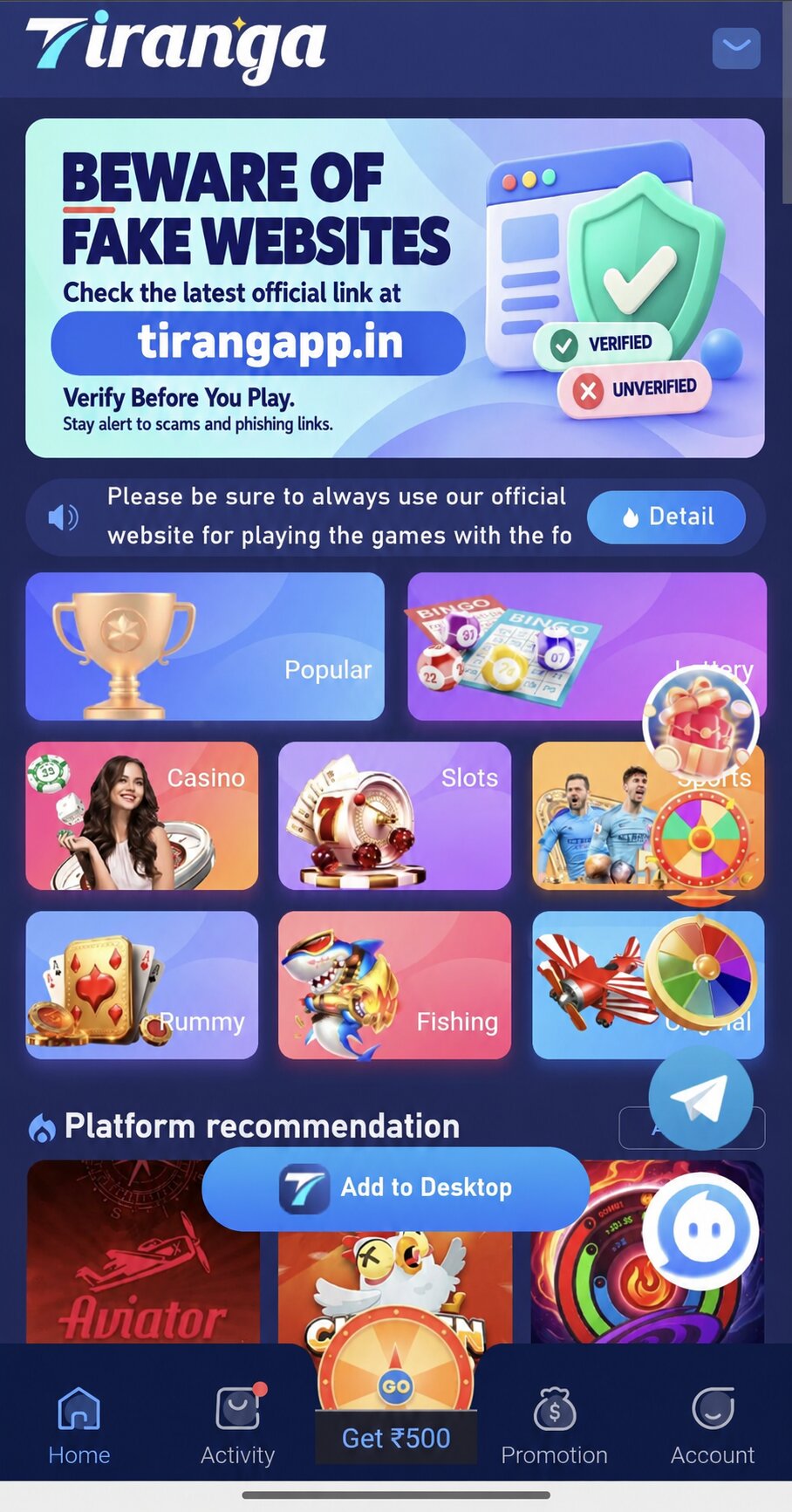 Supplied screenshot of a 7iranga home screen with tiles for Popular, Lottery, Casino, Slots, Sports, Rummy, and Fishing.