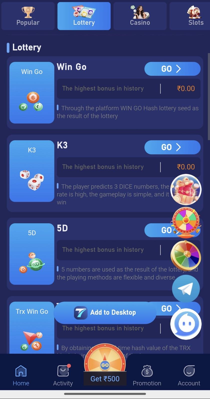 Lottery screen listing Win Go, K3, 5D, and Trx Win Go.